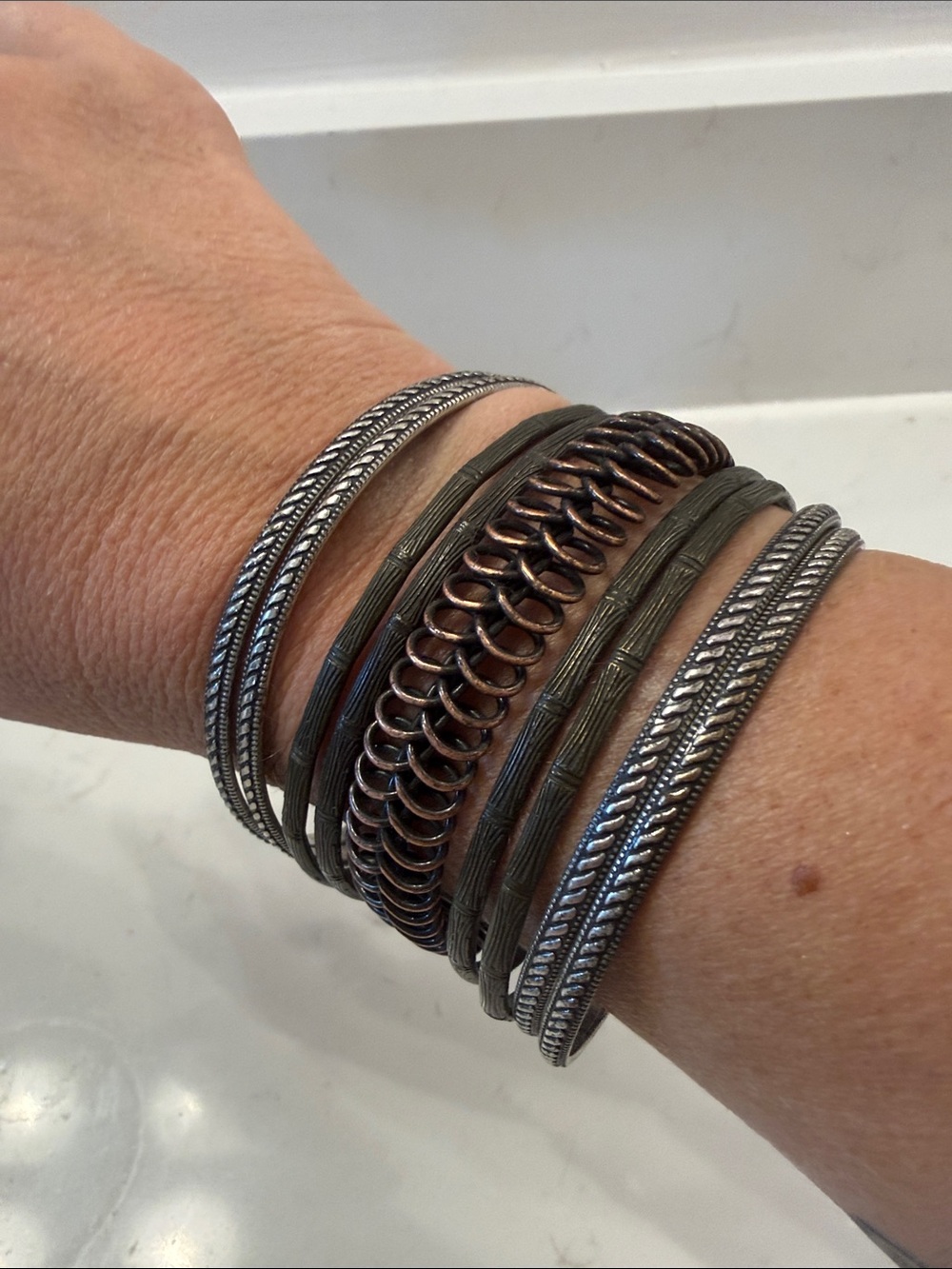 Mixed Metal Coil and Bangle Bracelet Stack - Silver & Bronze